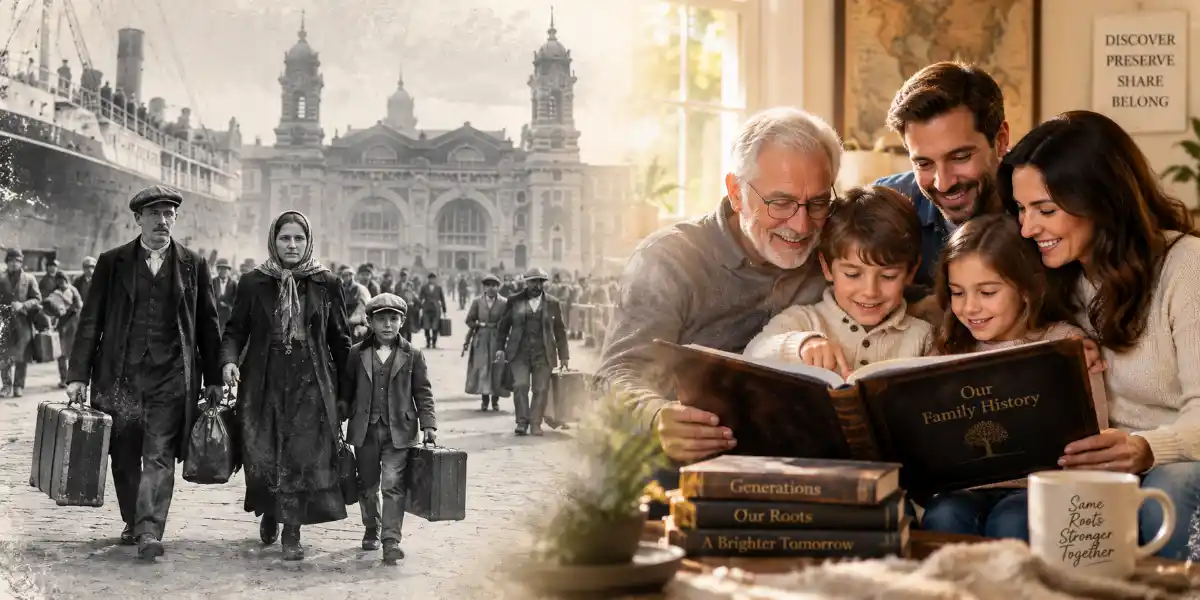 Historical immigrants and a modern family viewing a family history book