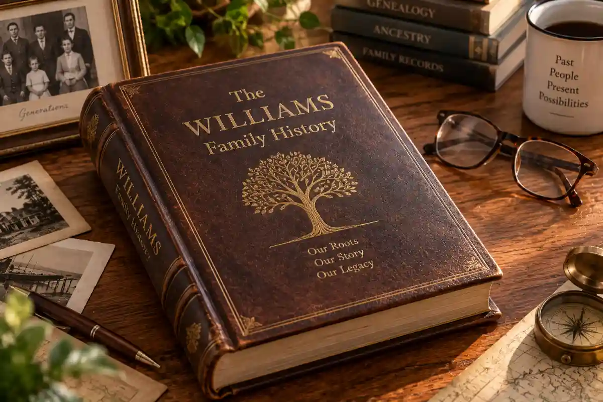 Leather-bound family history book resting on a wooden table beside reading glasses, vintage photographs, and genealogy research materials.