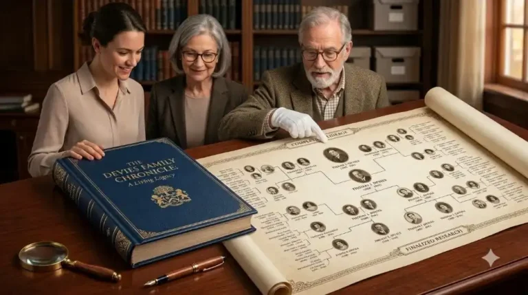Three people smiling in a library as they review completed genealogical research. On a wooden desk sits a large, custom-bound blue book titled 'The Devies Family Chronicle' and a detailed, unfurled family tree scroll that an older man is pointing to while wearing a white archivist glove.