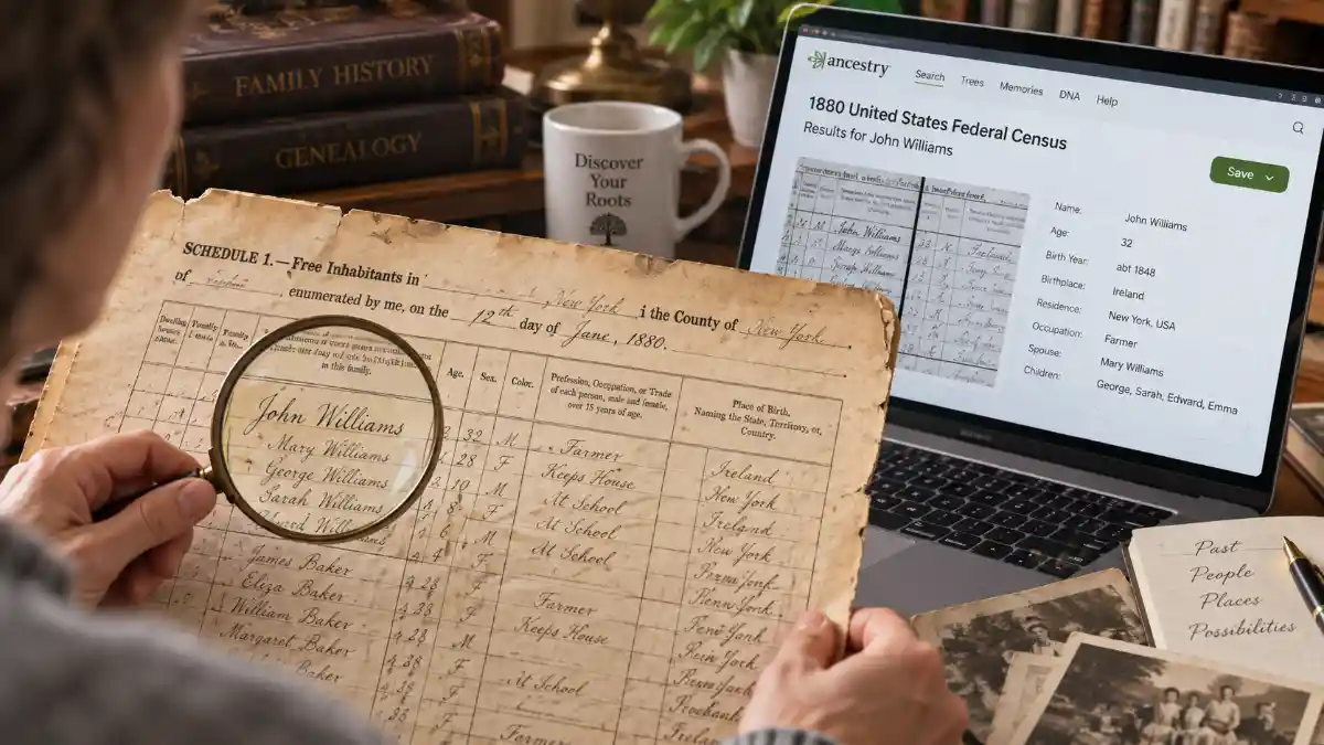 Researcher using a magnifying glass to examine a handwritten 19th-century census record while comparing information with a genealogy database displayed on a laptop.