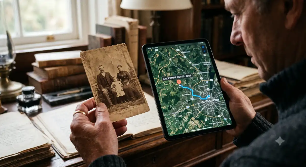 "An older man using a tablet map and a vintage photograph to trace his family tree and ancestral origins at a wooden desk."